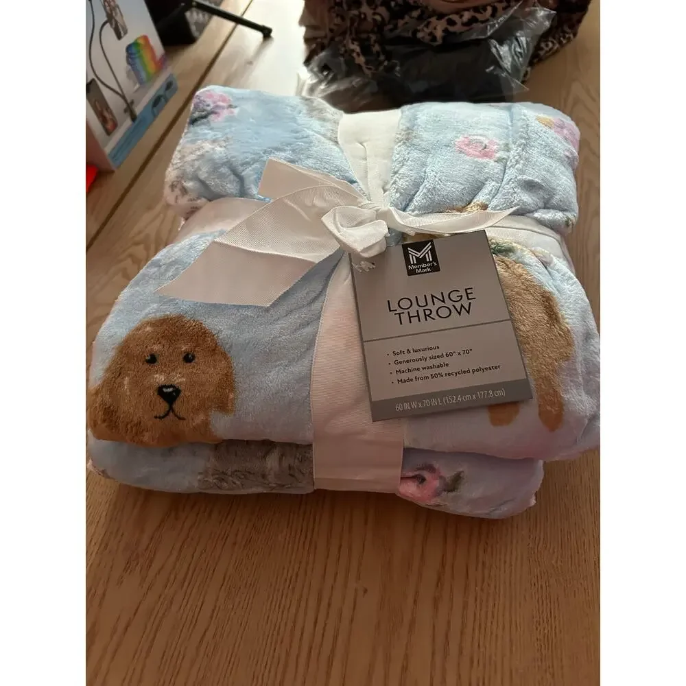 New Members Mark Springtime Dogs Velvet Plush Throw Blanket Baby Blue 60”x70”